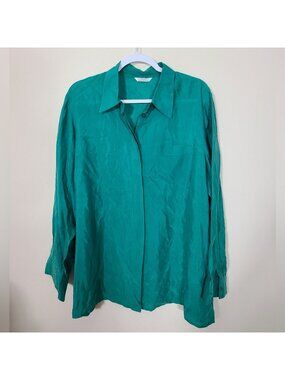 St. Michael Marks And Spencer Womens Green Long‎ Sleeve Button-Up Top 100% Cupro